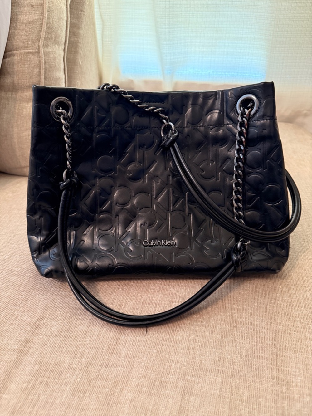 Calvin Klein Vegan Leather Monogram Embossed Handbag with Silver Chain Straps